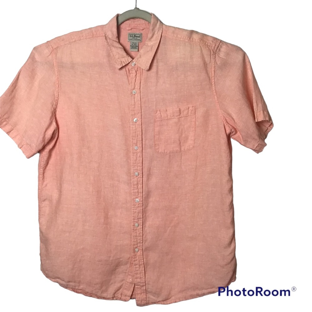 L.L. Bean Linen orange short sleeve button up shirt. XLTALL